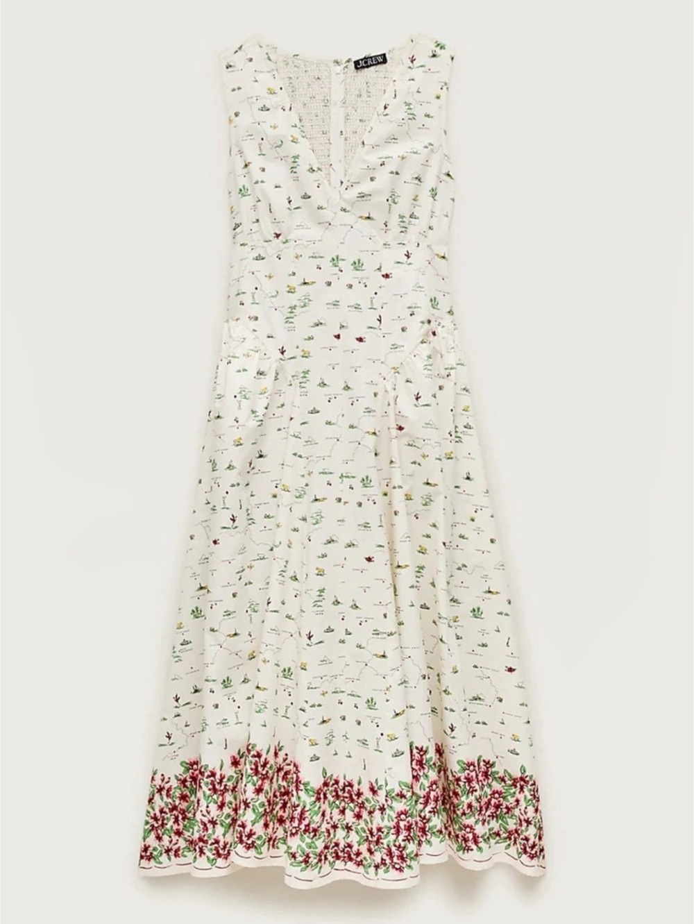 NWT J.Crew Smocked-waist V-neck dress in map print Map Print Midi Dress Medium
